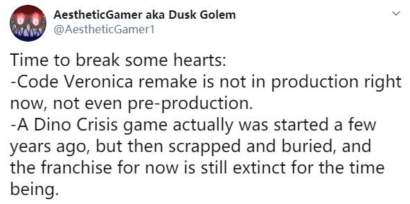 传Capcom几年前曾开发《恐龙危机》游戏后来又放弃