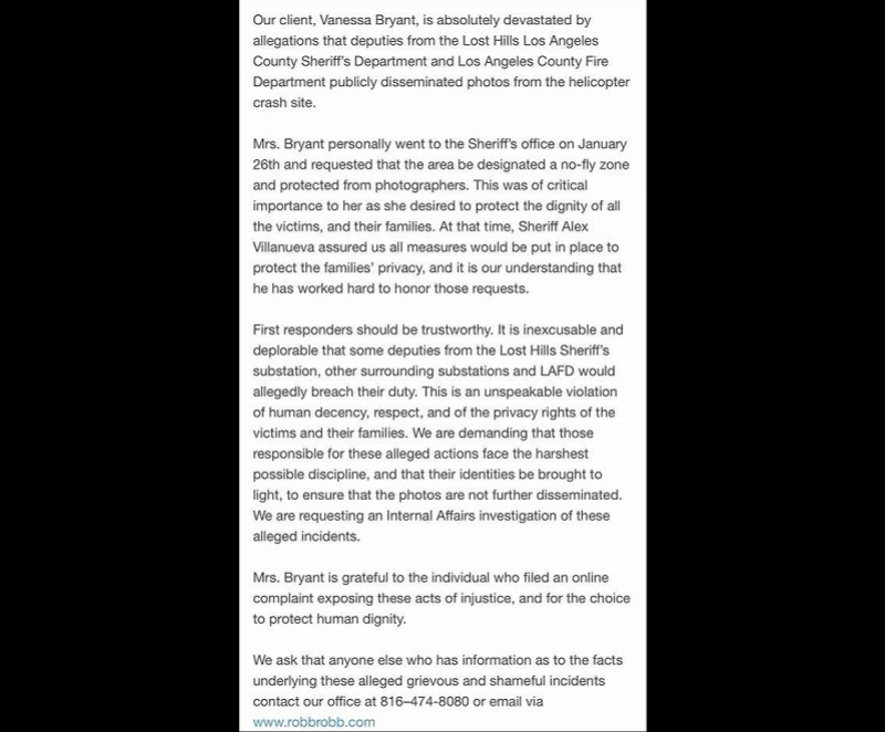 洛城警员私自传播科比遇难现场照！瓦妮莎发律