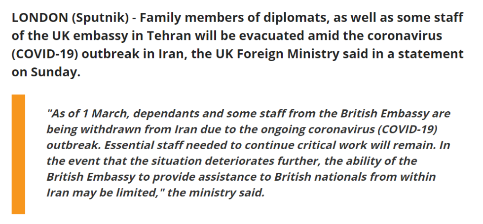 受疫情影响英国将撤离驻伊朗外交官员家属及部分员工