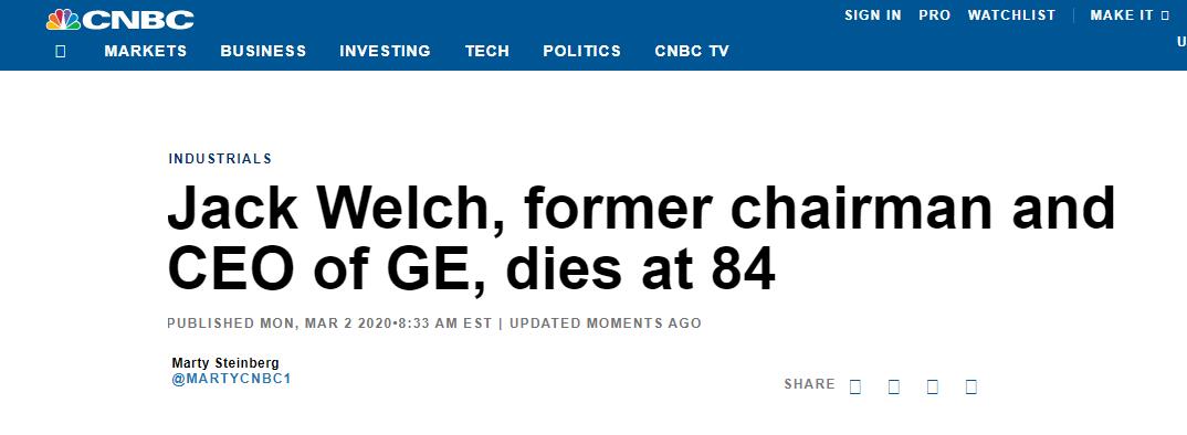 通用电气前CEO杰克·韦尔奇去世