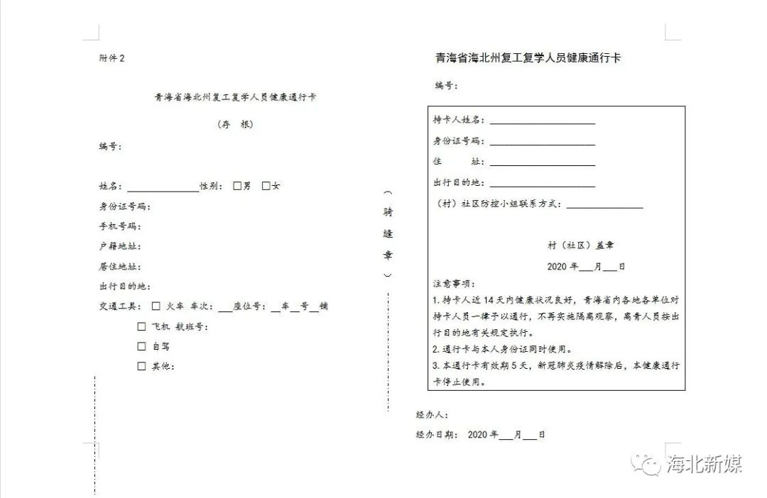 关于实行复工复学人员健康通行卡制度的通知