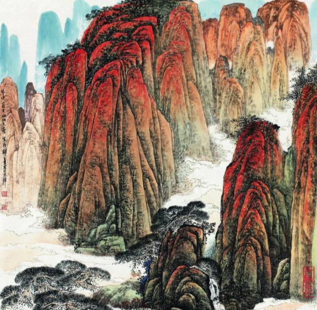 中国画-行者旅途观天下,斗方纸上山水佳 斗方山水画