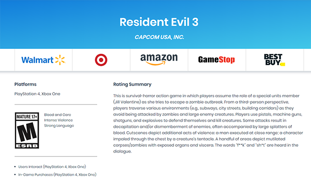 《生化危机3：重制版》将于4月3日发售，ESRB评级17+，含重口味内容！