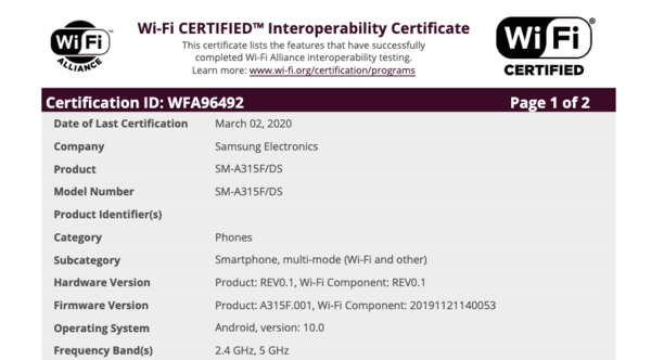 三星GalaxyA31获WiFi认证5000mAh电池或3月底发布