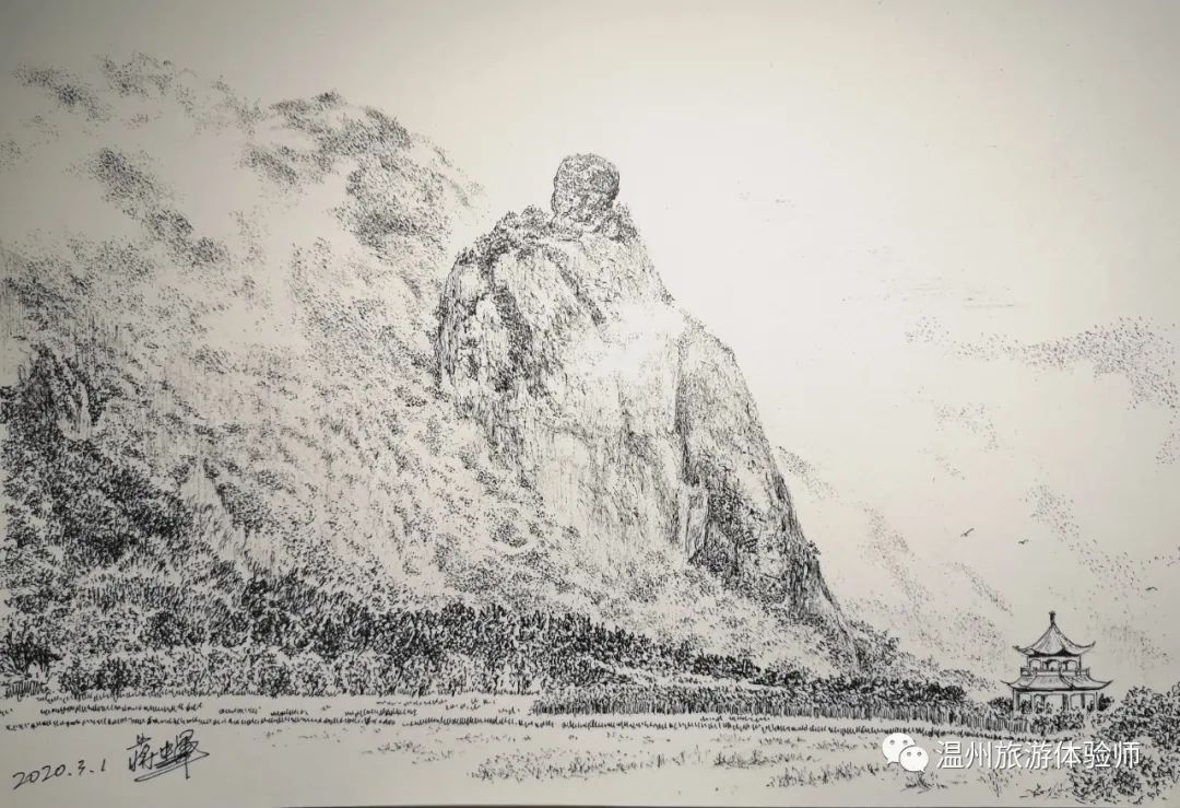 蒋忠军钢笔画景云雾山中迎客僧