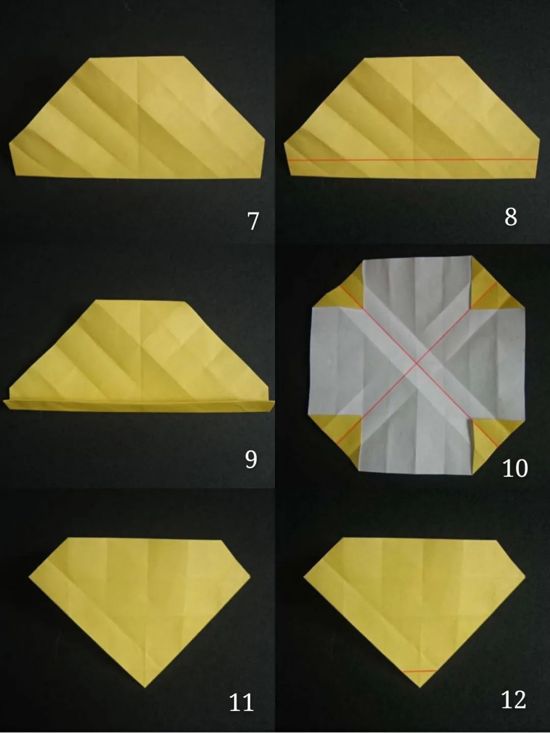 纸上横向,纵向留下七道折;取一张正方形的纸(以下为川崎玫瑰折纸步骤)