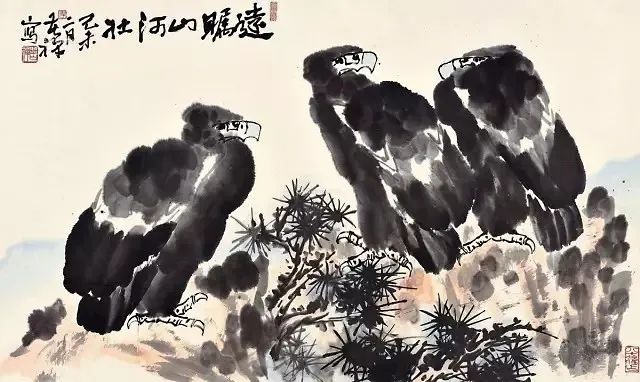 中国古美術・純手描き・四条屏・鹰画芯・国画・李苦禅印款・肉筆