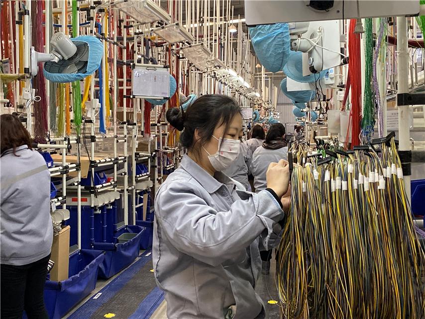 图为复工后的廊坊莱尼线束系统有限公司生产现场.