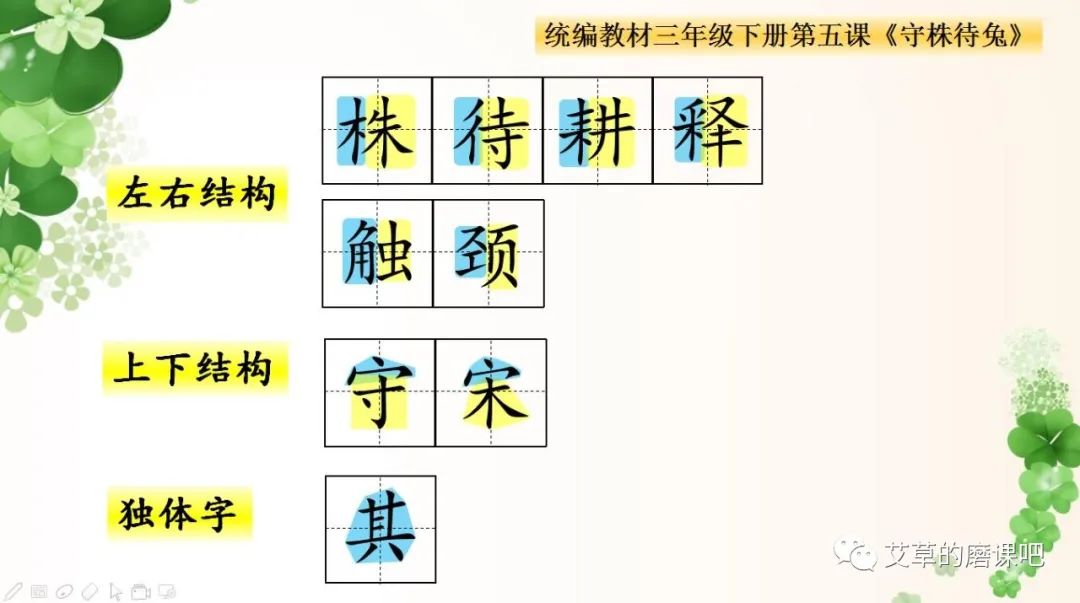 《守株待兔》的九个四会字,微课首先按结构进行分类,接着分类讲解生字