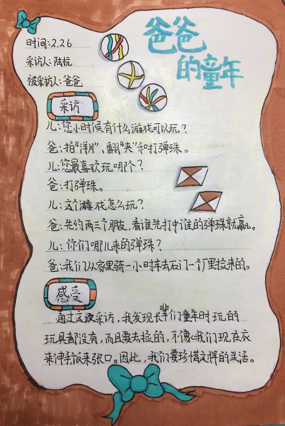 问题清单设计好了,接着就采访父母或祖父母等,将采访结果记录好.