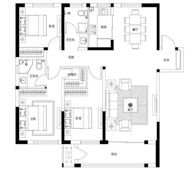 *海马公馆二期建筑面积约136㎡三室两厅户型示意图