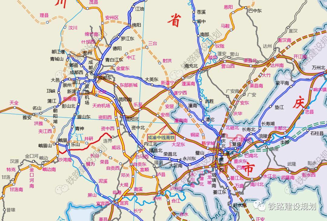 成渝中线高铁规划平面示意图▼