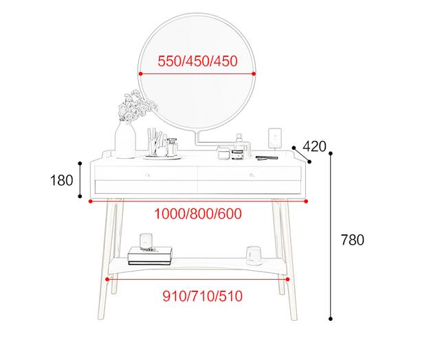 成品梳妆台的尺寸也有很多种,一般常见的有600mm,800mm,1000mm长度的