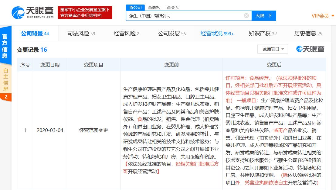 强生中国发生工商变更 经营范围新增消毒产品批发、销售