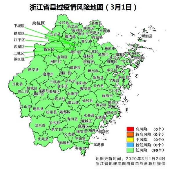 3月1日疫情风险"五色图",浙江全省"转绿".