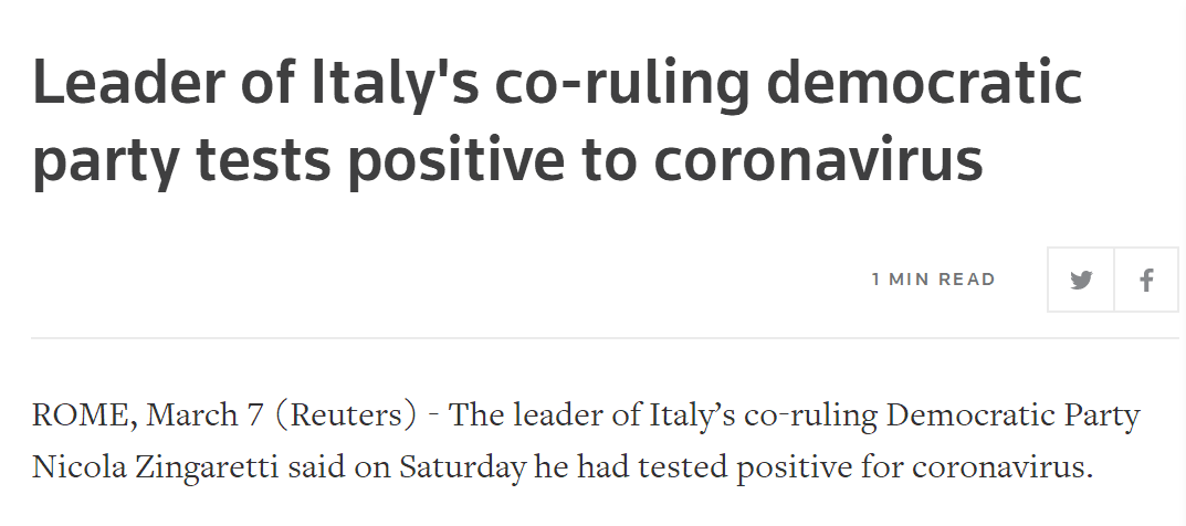 最新：意大利民主党主席称自己感染新冠病毒，正在家中隔离