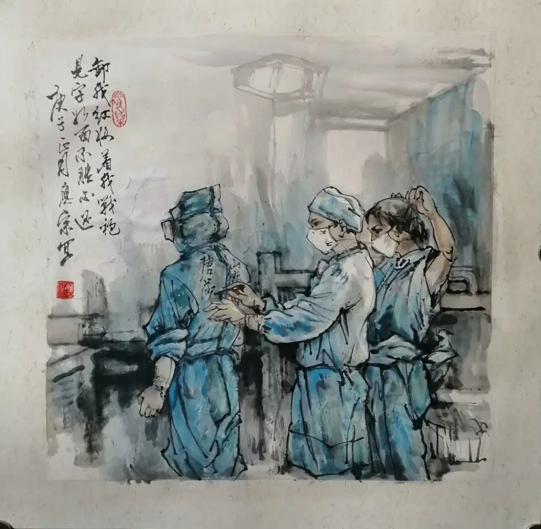 国画《面对疫情不后退》作者:王政刚素描《疫情面前临危不屈》作者:漆