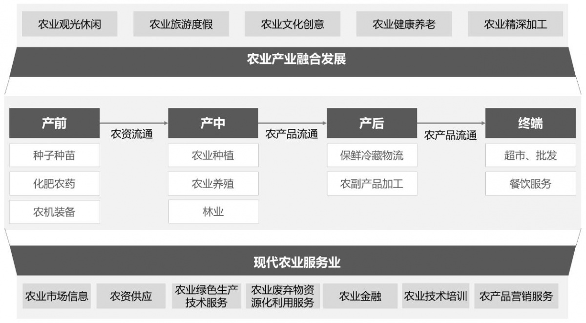 支撑农业发展的相关农业服务业以及由农业衍生出来的相关产业融合业态