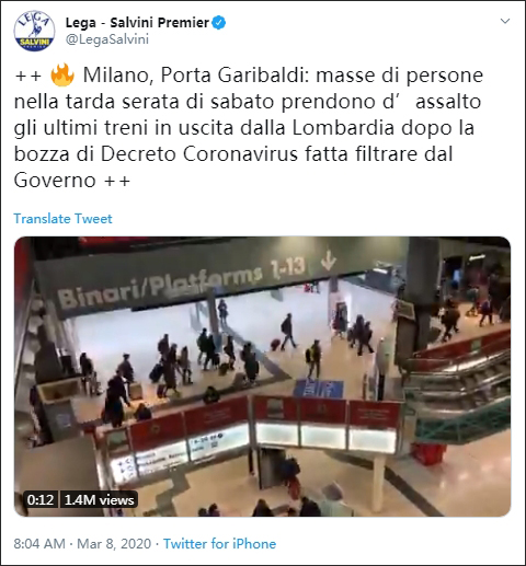 媒体提前泄露封城令，意大利大批民众火车站仓皇“出逃”