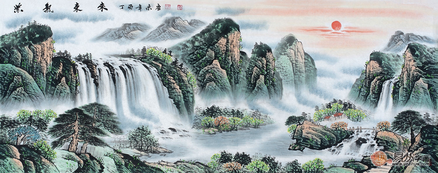 青绿国画 宋唐新品山水画六尺横幅《紫气东来》