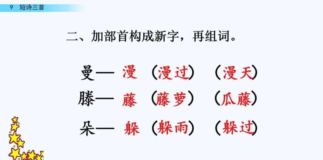 同步练习一一,形近字组词漫( ) 藤( ) 萝( ) 膝( )慢( ) 腾( ) 箩( )