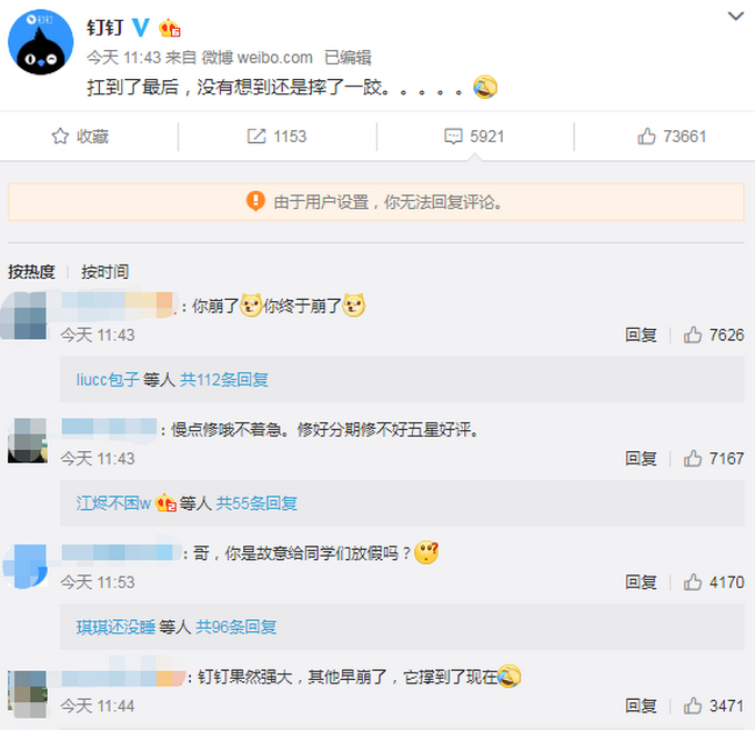 钉钉回应崩了：没想到还是摔了一跤，网友：千万别着急