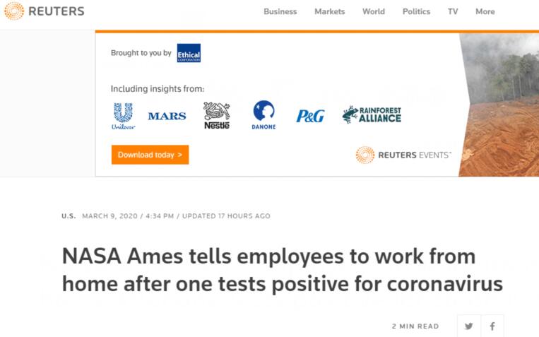 NASA研究中心1名员工感染新冠病毒 机构暂时进入强制性居家工作状态