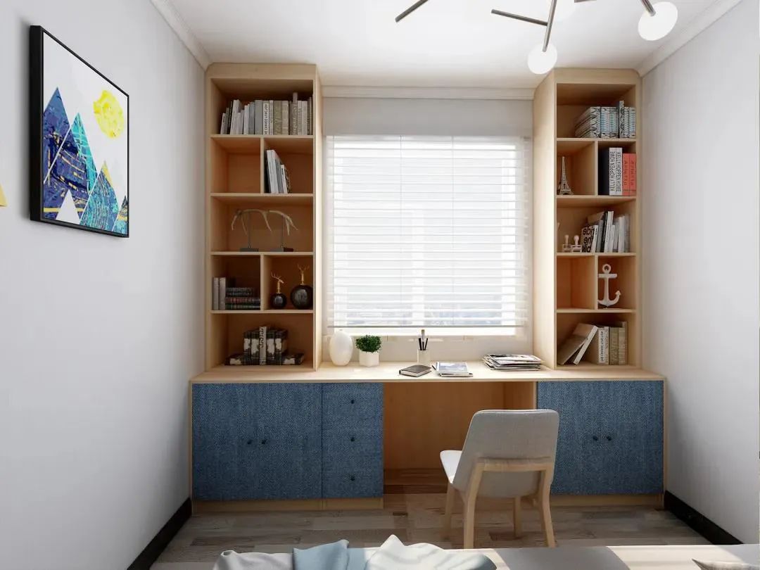 u型书桌柜在卧室中两侧书柜好存书,到顶设计易清洁, 学习办公,环境