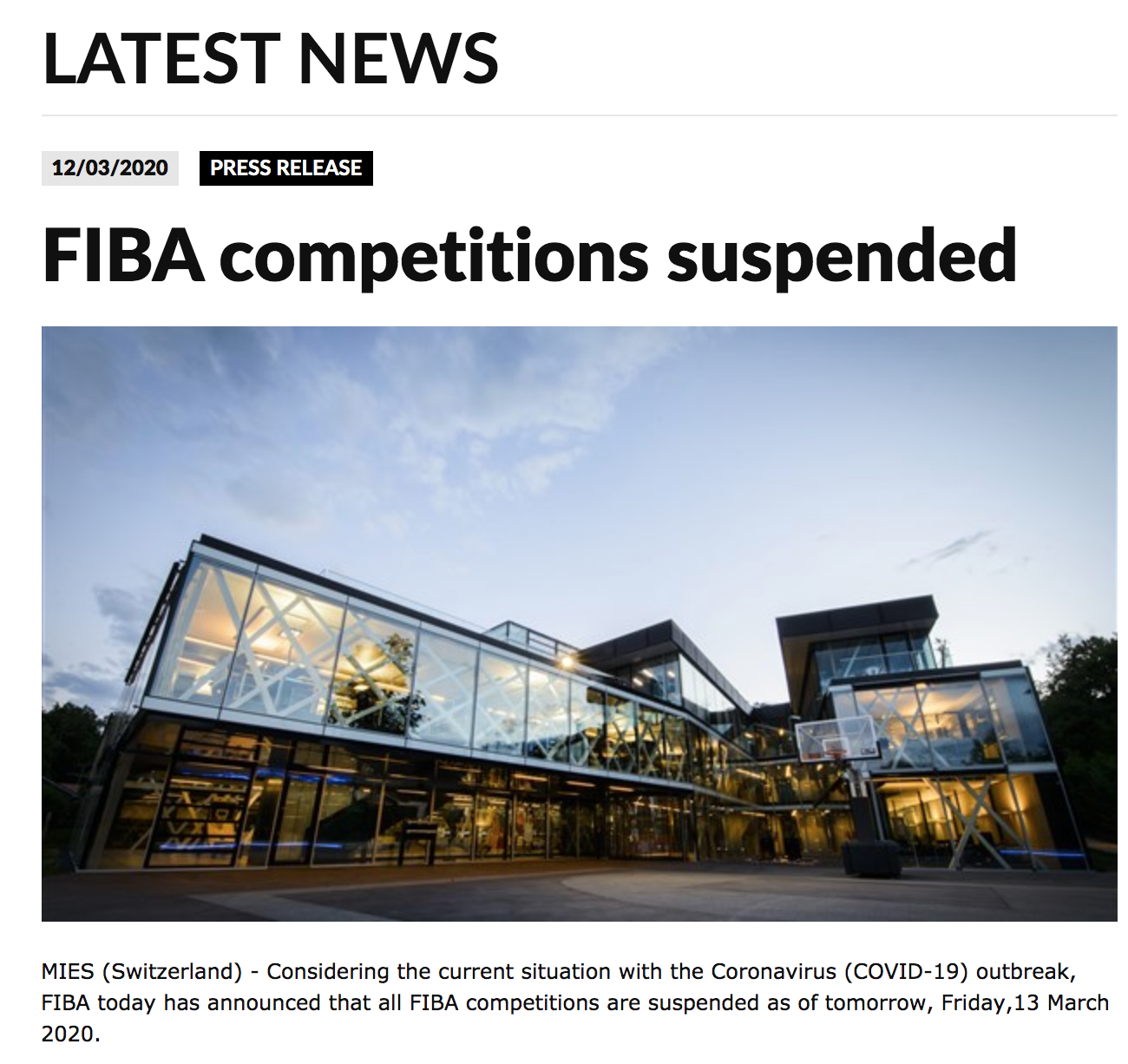 FIBA将叫停3月13日起所有赛事 