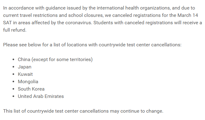 香港3月份SAT考试全部取消,至今已有17个国家取消3月份SAT考试