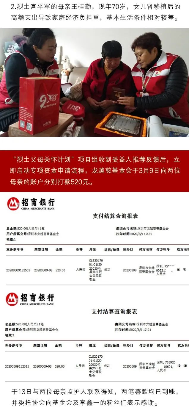 大庆的两位烈士母亲分别获捐520元