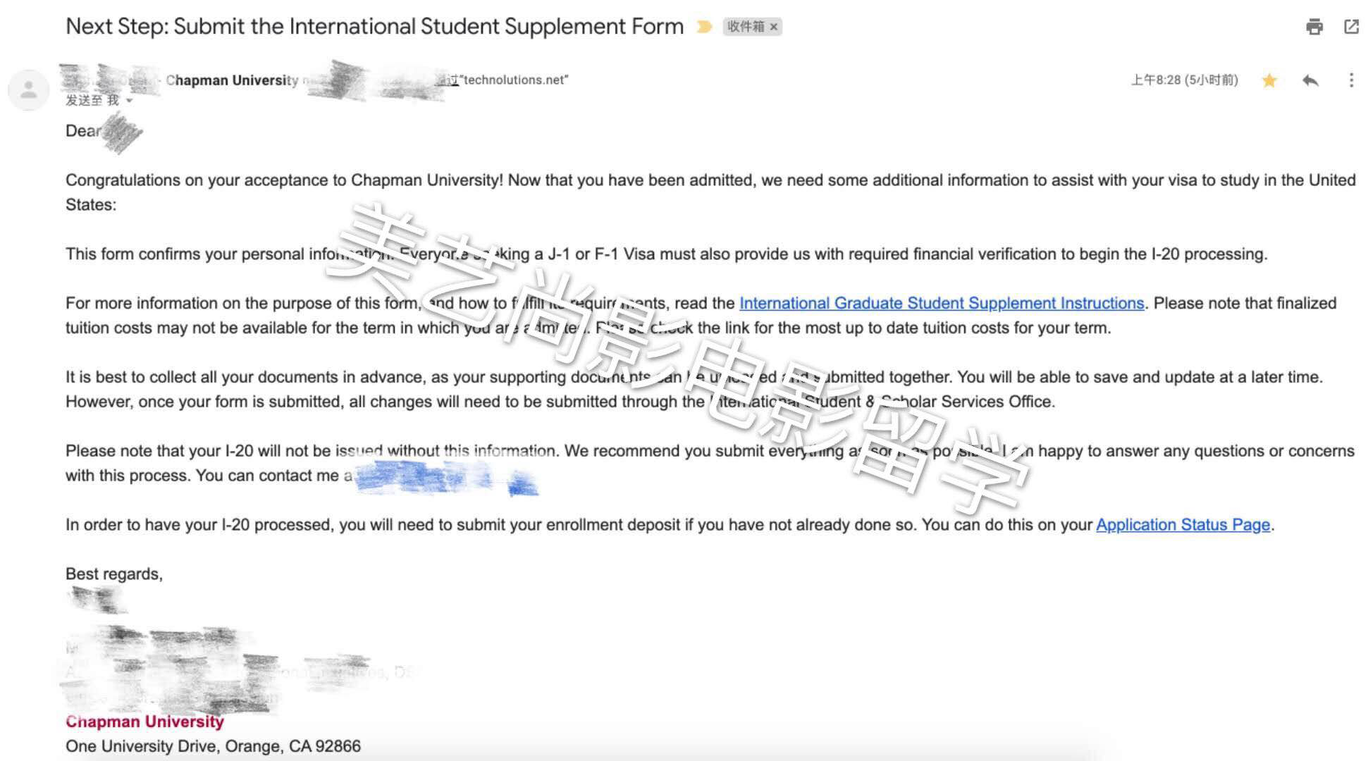 爆美艺五学员获得电影top5院校查普曼大学录取