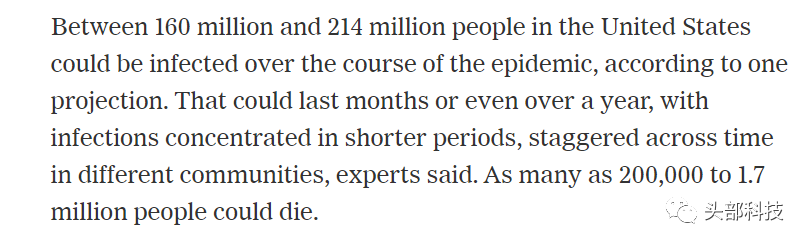 《纽约时报》报道，如不干预，全美可能有2.14亿人被感染，170万人死亡