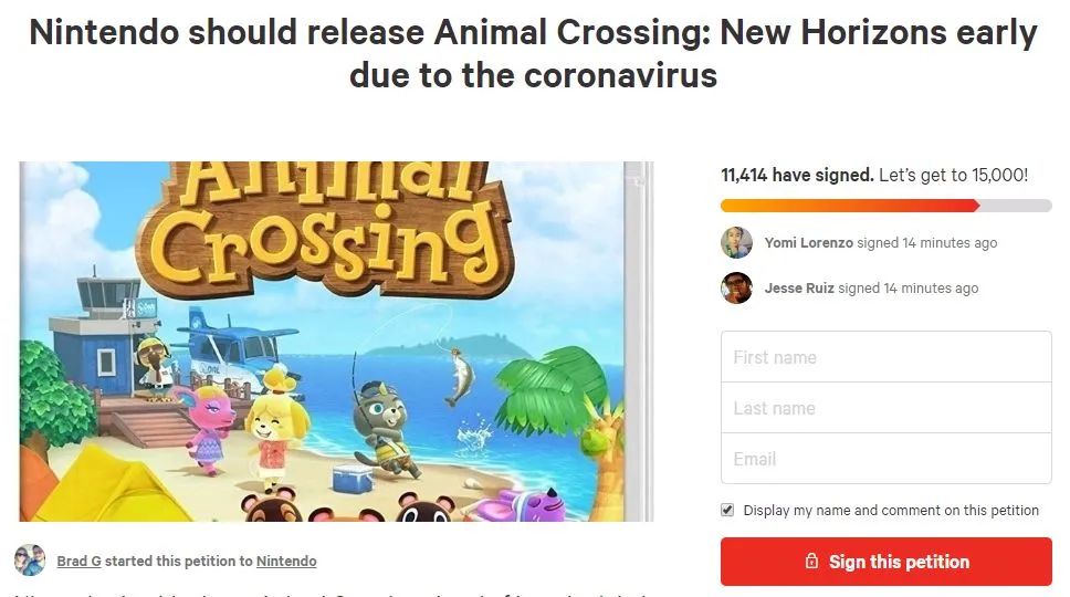 面对疫情，玩家发起请愿让任天堂提前发售《集合啦！动物森友会》