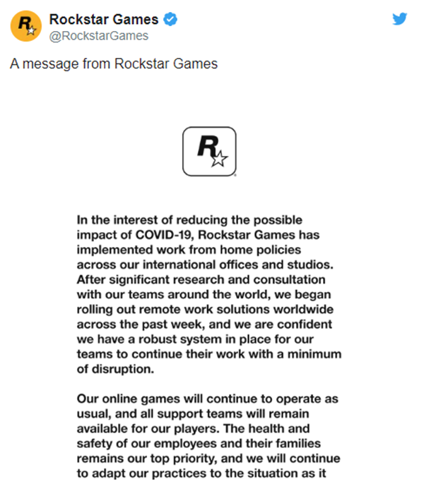 受疫情影响R星宣布全球员工开始在家办公_游戏