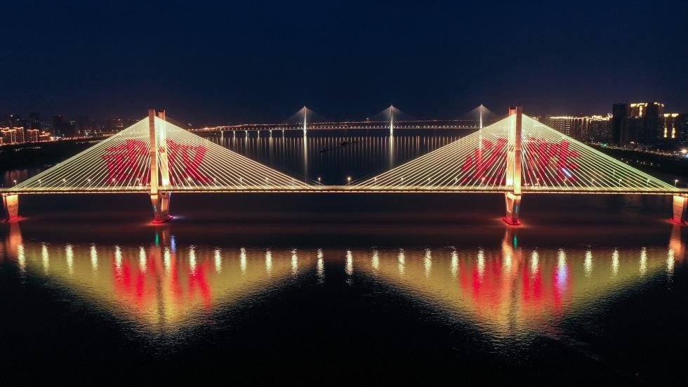 这是3月12日晚拍摄的武汉长江二桥和汉口沿江大道的建筑上打出"
