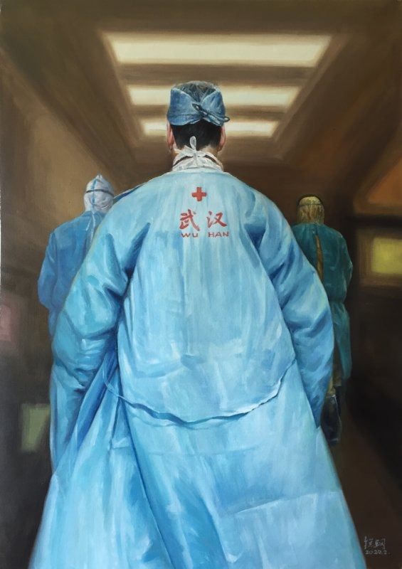 广东深圳 甘锐钢 《抗疫逆行者》60x90cm 油画 w71