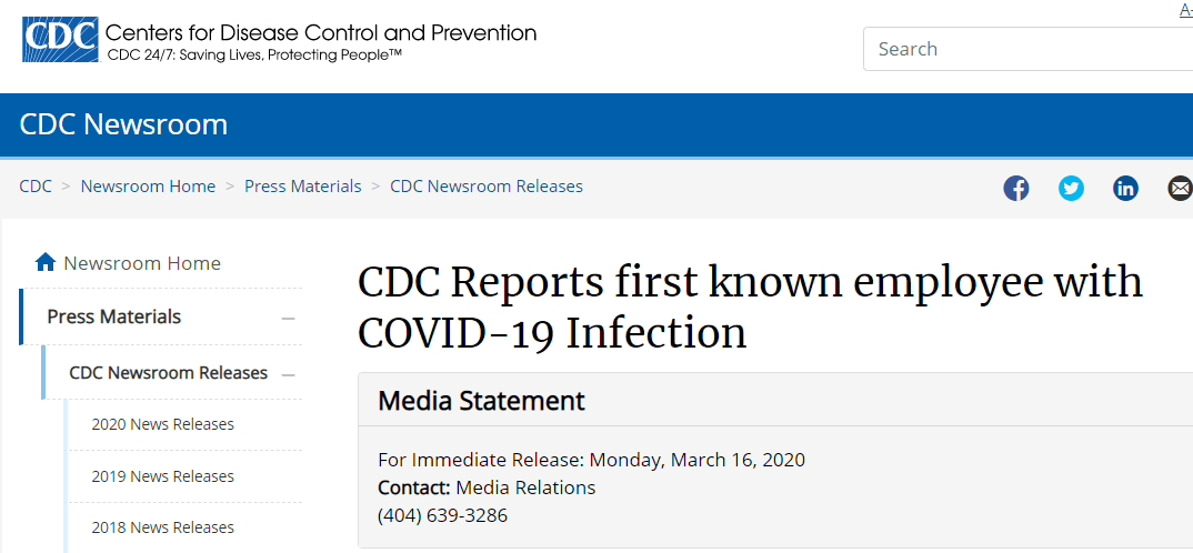 美国疾控中心“中招”，出现第一例新冠病毒感染者