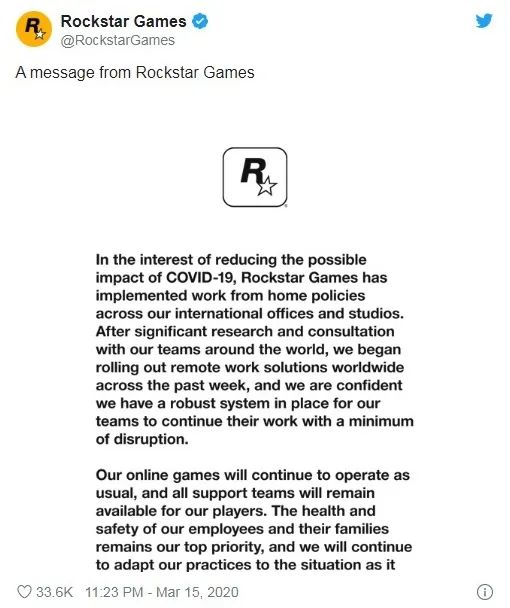 游戏新闻|R星宣布实行在家远程办公不会对游戏产生影响