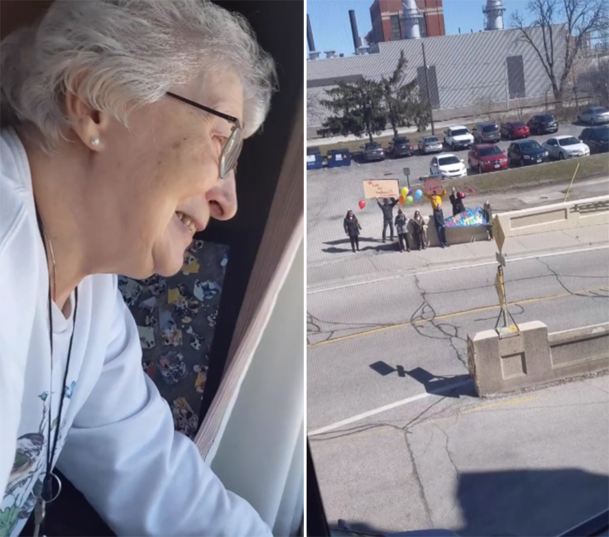 美国老太在养老院隔离期间 家人隔窗为她庆祝85岁生日