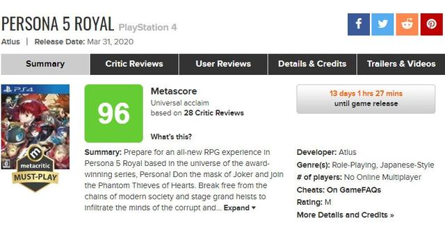 《女神异闻录5R》欧美版评分解禁MC当前均分96_玩家