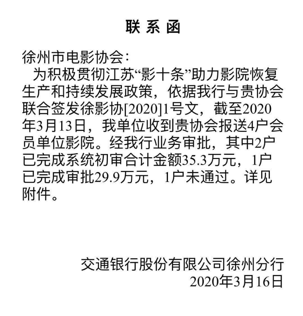 徐州市3家影院获得金融机构信用贷款65万元