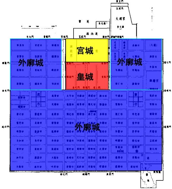 布局:中部太极宫,西部掖庭宫,东部为太子居住的东宫.