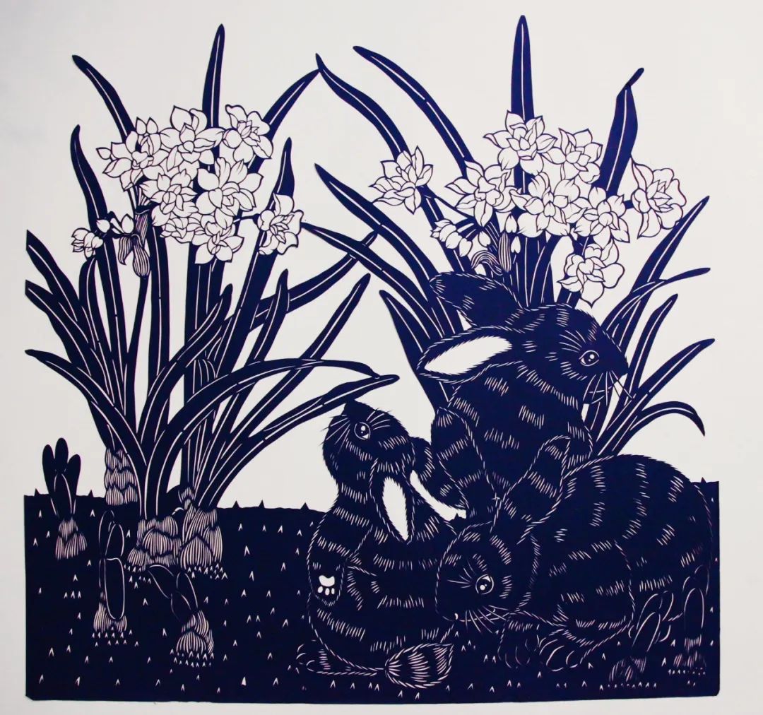 《水仙和兔子》伍星星 彩色剪纸 70×70cm 2018年拍品17号《枝间
