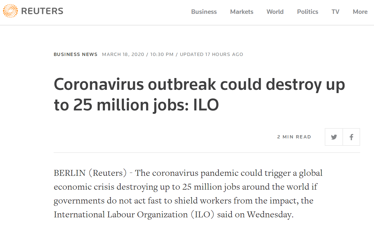 国际劳工组织警告：新冠肺炎疫情可能造成全球2500万人失业！