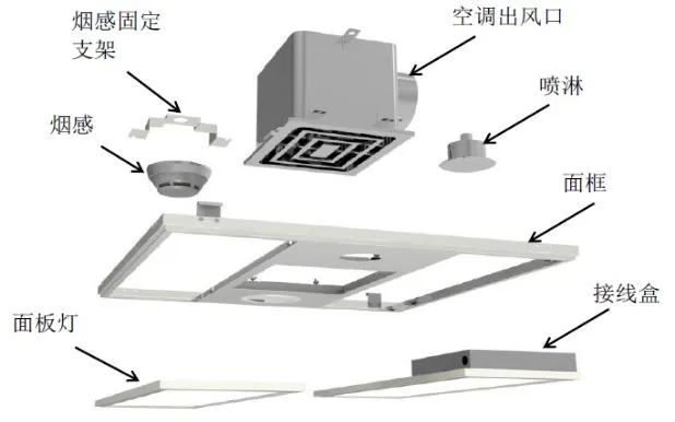 图1为6060标准尺寸的集成式灯盘结构爆炸图;图2为30120尺寸的集成式灯