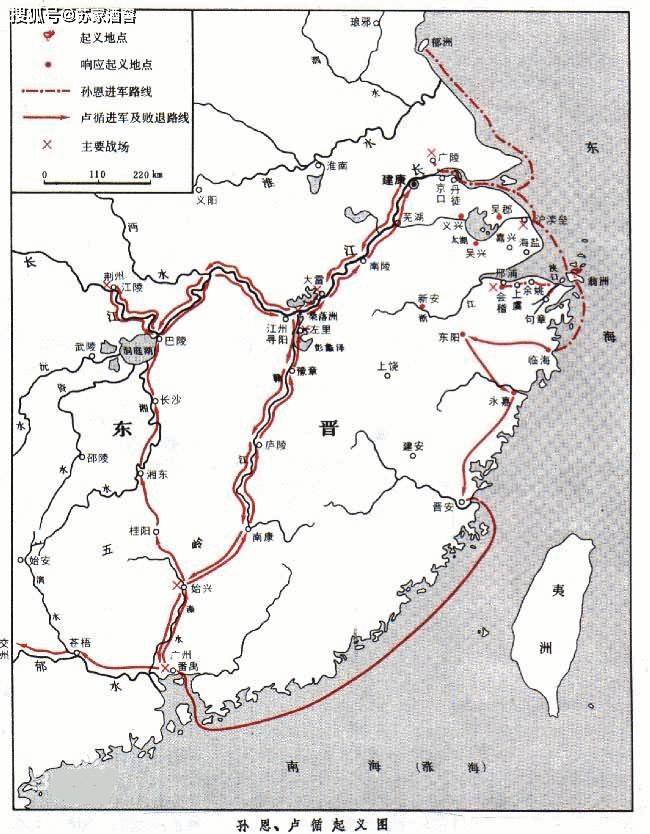 孙卢起义路线图跟随孙恩起义的余党几千人又认孙恩的妹夫卢循为主