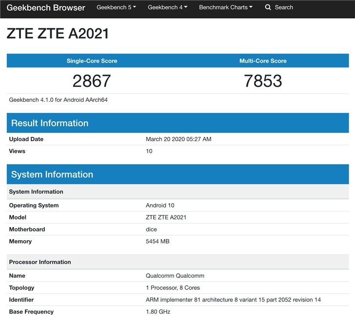 中兴新机“ZTEA2021”Geekbench4跑分曝光：单核2867，多核7853