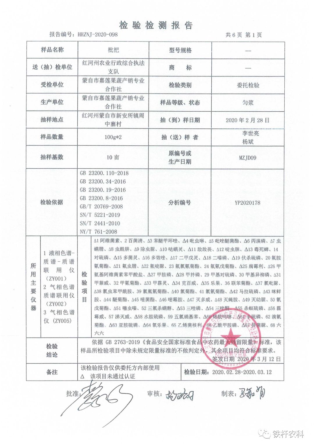 绿色之路天时枇杷质量检测报告!无农残,真正的健康!