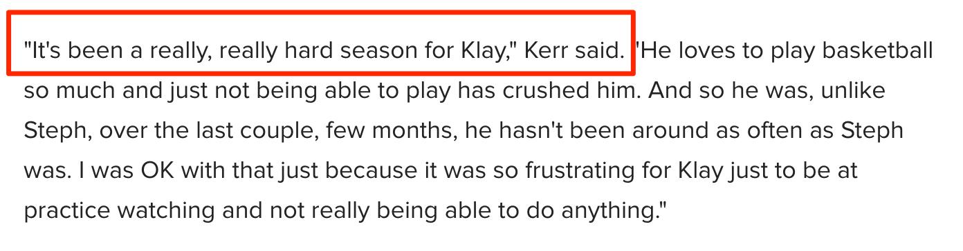 【赛季】养伤期间还遇一困境，喜讯！勇士主帅曝神射“准备好”下赛季回归